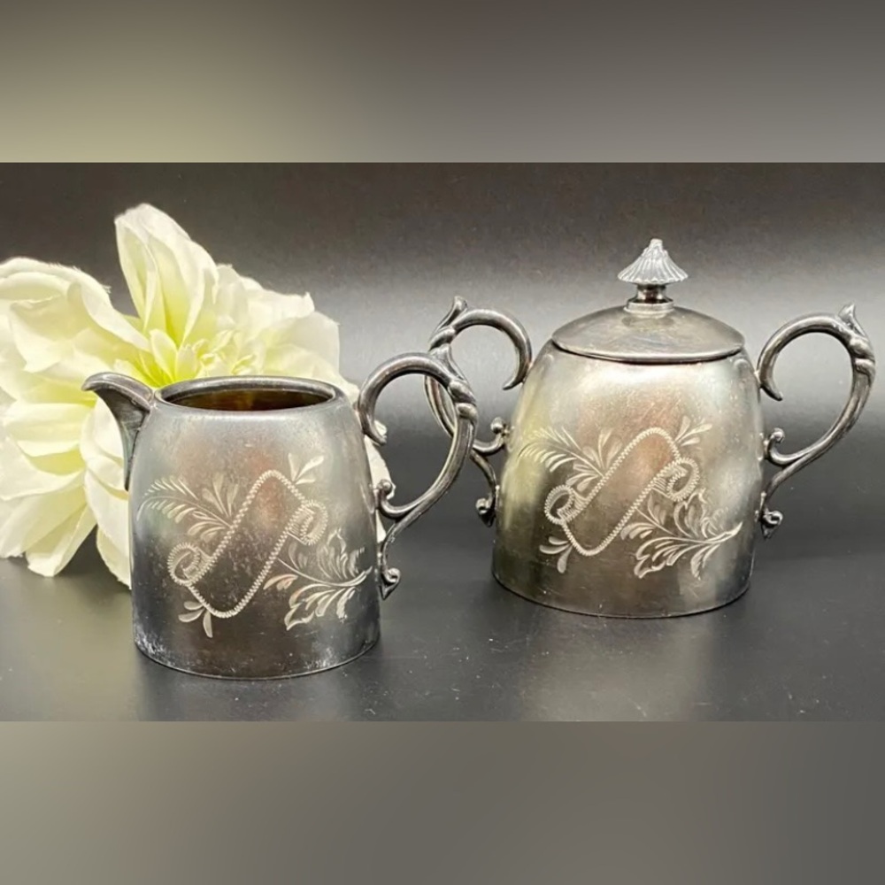 Antique Victorian Era - Quadruple Silver WR New York EPBM - Cream and Sugar Set